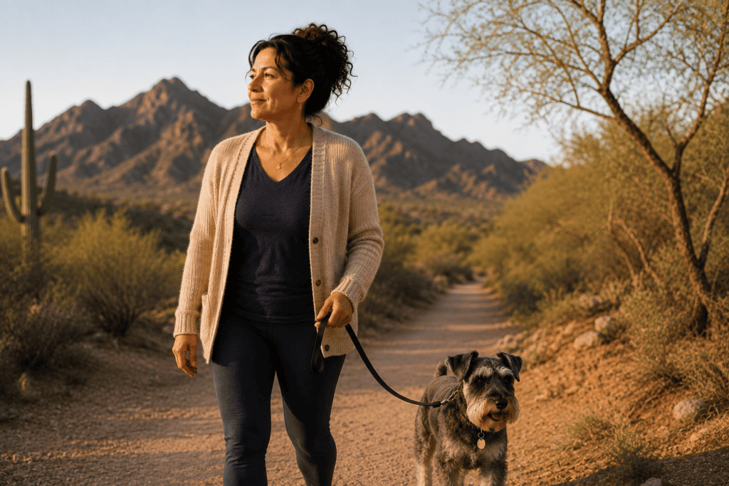 Woman walking her miniature schnauzer on a desert trail as part of a healthy lifestyle supporting long-term healing and wellness.