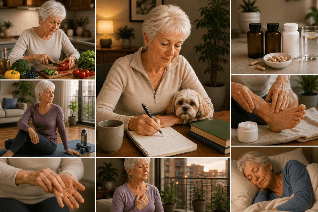 Person engaged in daily practices supporting neuropathy management including anti-inflammatory eating gentle movement and considered self-care.