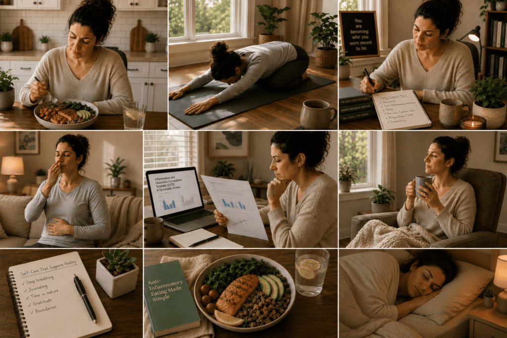 Person engaged in daily practices supporting OCD management including anti-inflammatory eating movement and considered self-care.