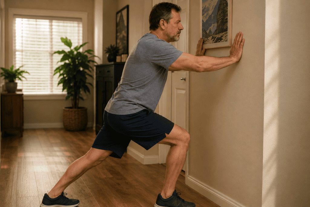 Person engaged in daily practices supporting plantar fasciitis recovery including calf stretching and eccentric strengthening exercises.