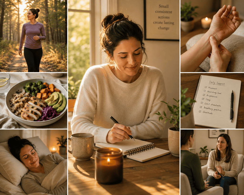 Person engaged in daily practices supporting social anxiety management including movement quality sleep and considered self-care.
