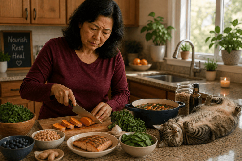 Person in the kitchen preparing nourishing anti-inflammatory foods that support recovery from shingles.