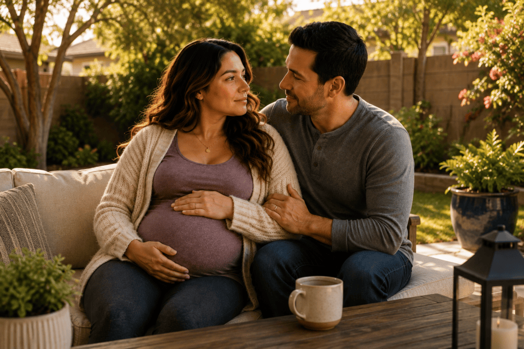 Pregnant person at term in a moment of quiet confidence about the coordinated care approach supporting her labor and delivery.