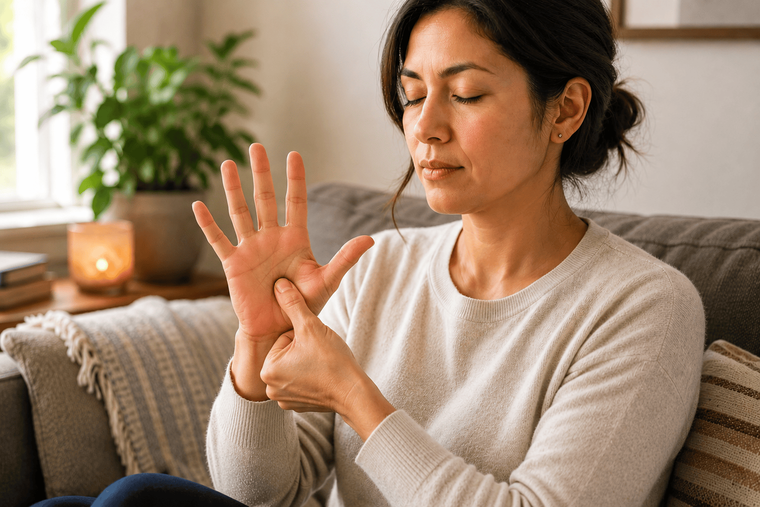 Person sitting on a couch pressing their thumb into the web of their hand between the thumb and index finger, practicing acupressure self care at home.