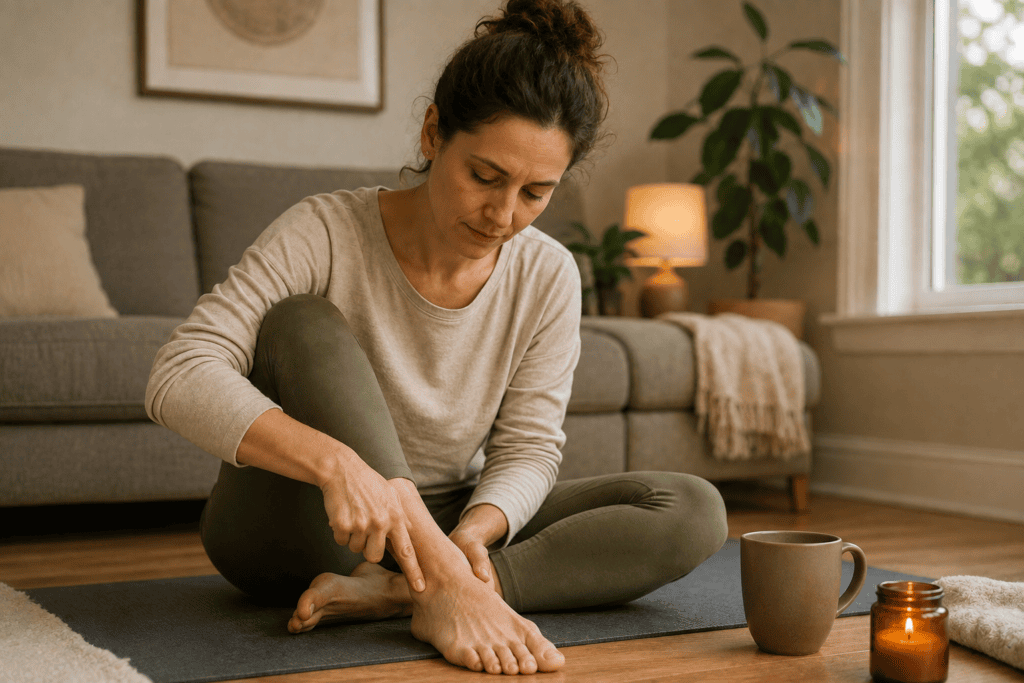 Person sitting cross-legged at home pressing a fingertip into the acupressure point on the top of the foot between the first and second toes, illustrating intentional acupressure self care using the correct point location.
