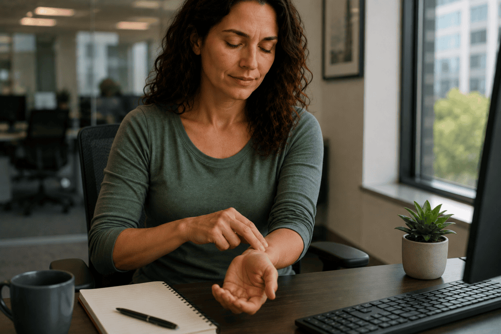 Person at their desk during a short break pressing an acupressure point on their hand as part of a daily practice routine.