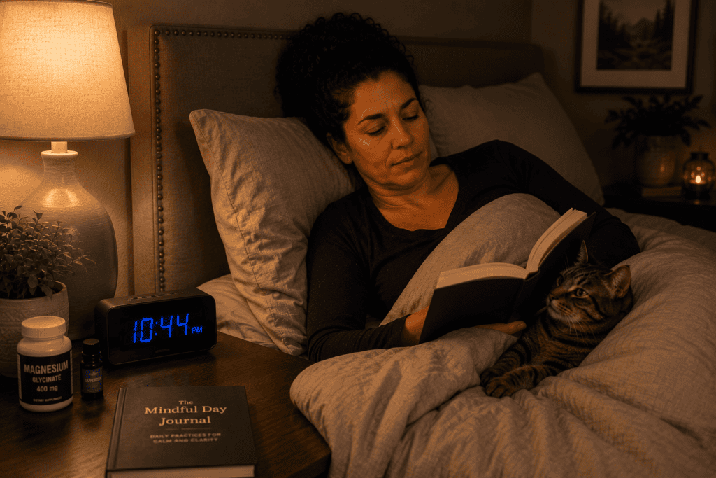 Person practicing sleep hygiene with a consistent sleep schedule and calming bedroom environment for migraine prevention.