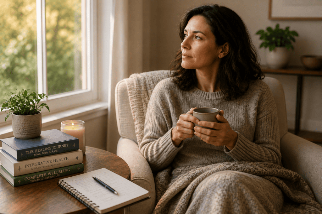 Person sitting quietly at home holding a cup of tea, reflecting on their health journey and why they are considering additional care options.