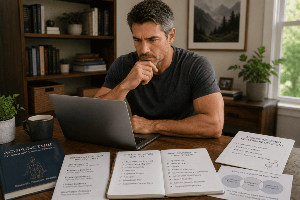 Person at home researching what acupuncture can and cannot treat as part of making informed healthcare decisions.