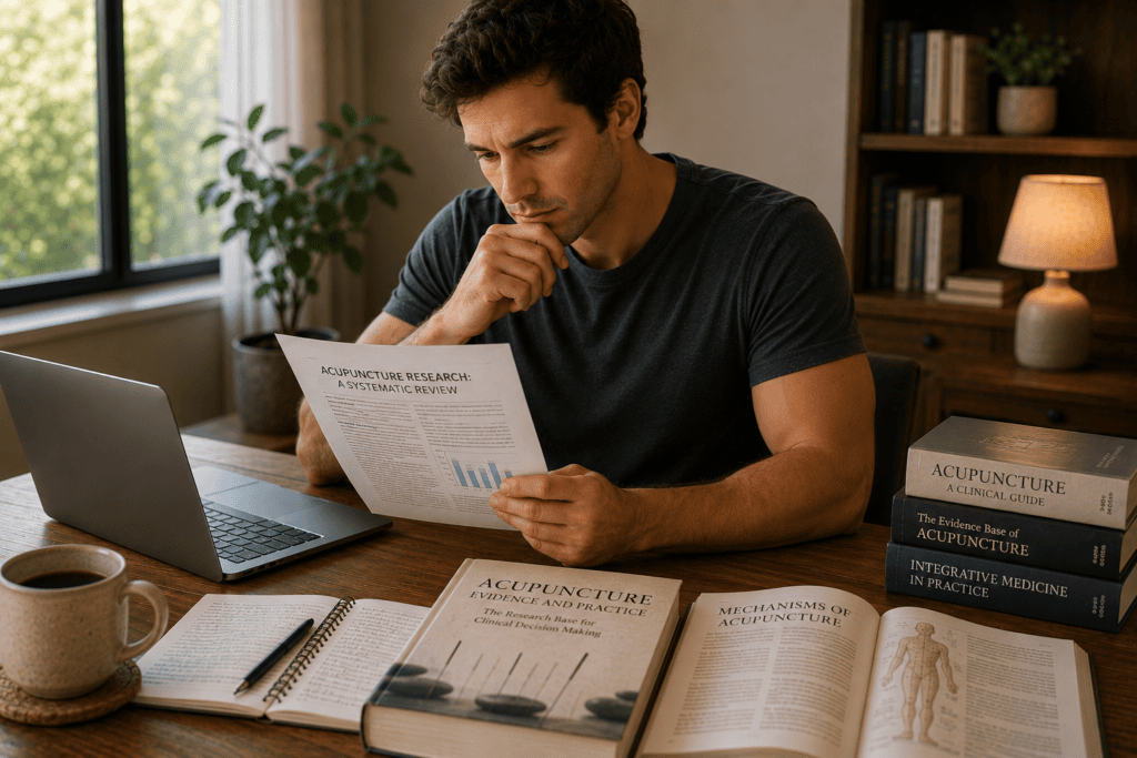 Person at home researching whether acupuncture actually works with research documents and educational materials visible.