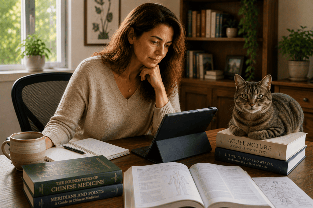 Woman in her home office researching whether acupuncture can help her specific health concerns while reviewing information on an iPad and acupuncture books.