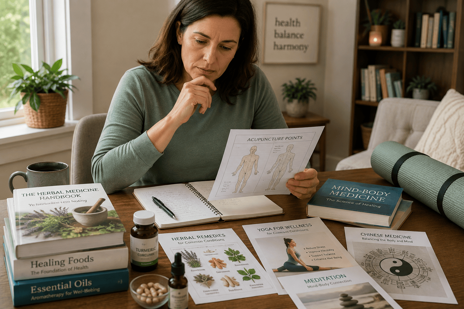 Person at home comparing information on several different alternative medicine approaches spread across a table, including acupuncture, herbal remedies, and yoga.