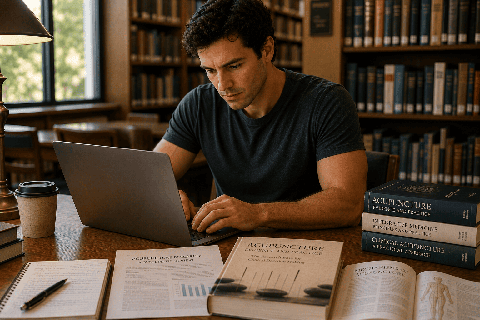 oung man at a library using his laptop and research materials to investigate the scientific evidence supporting acupuncture.