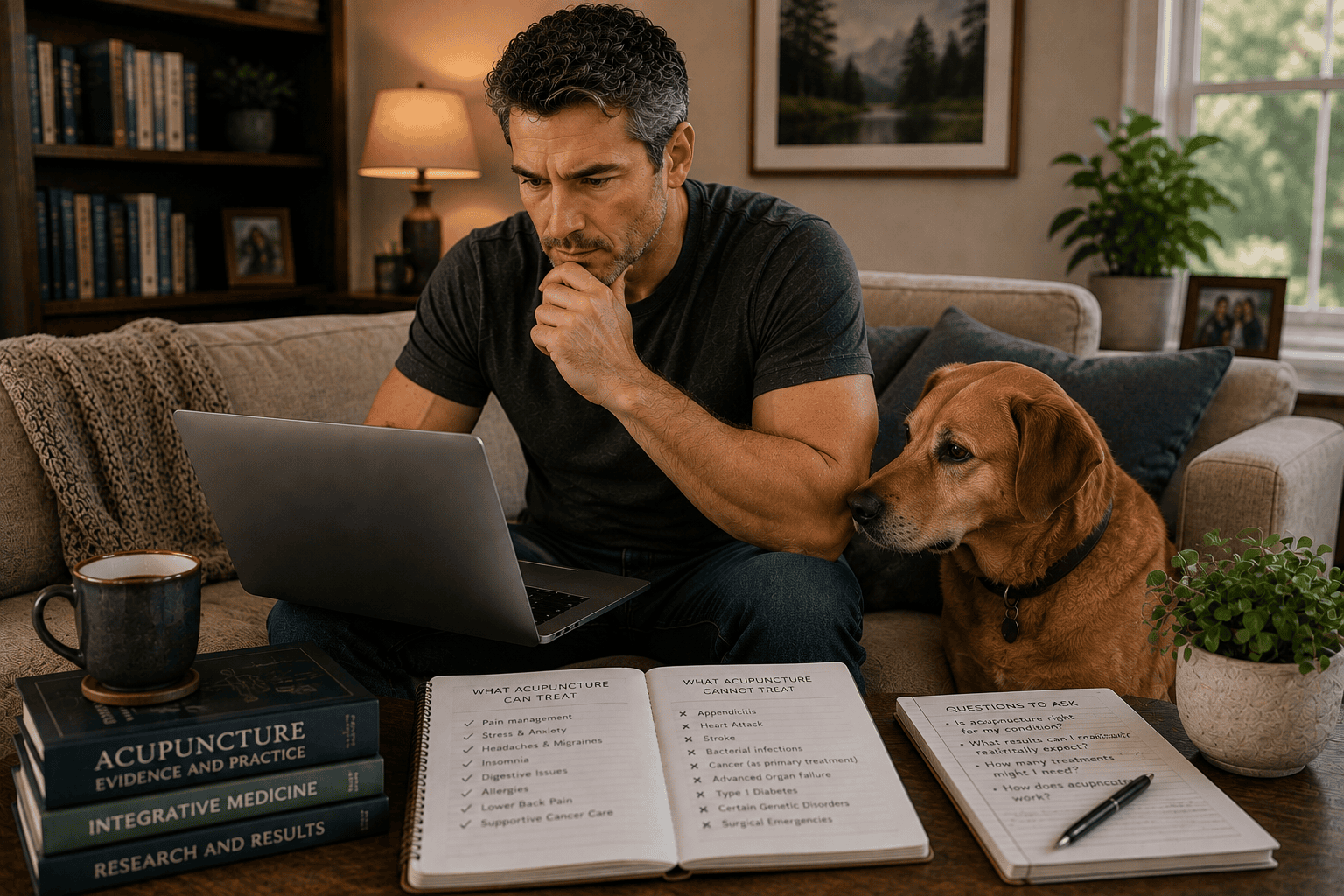 Man at home researching what acupuncture can and cannot treat on his laptop while his dog sits beside him looking at the screen.
