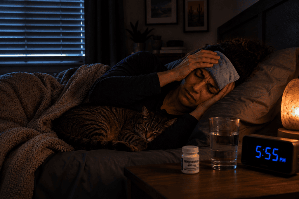 Person resting in a dark quiet bedroom with blinds closed during an active migraine attack.