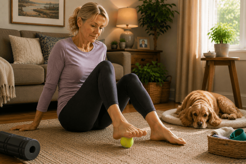 Person seated at home rolling a tennis ball under the bare foot to self-massage the plantar fascia.