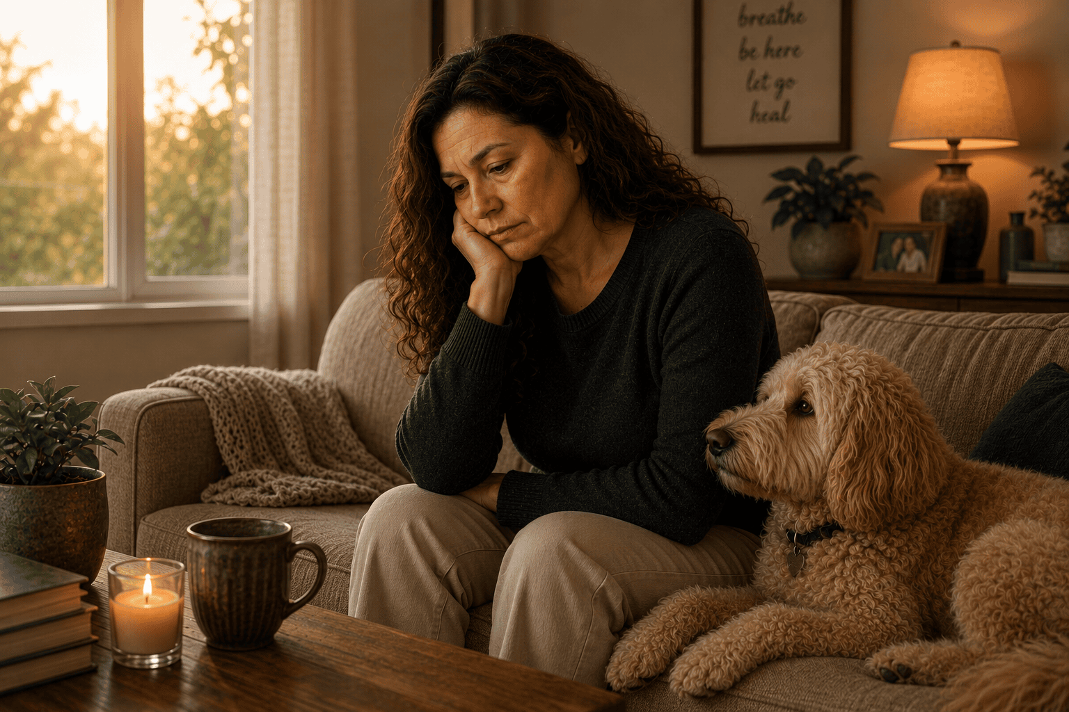 Person sitting quietly at home in a moment of reflection, communicating the tender experience of grief and loss.