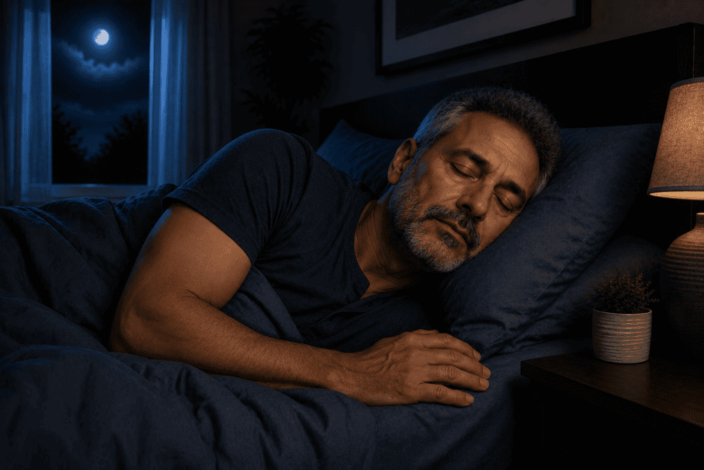Man in his mid-50s sleeping peacefully in bed at night after struggling with difficulty falling and staying asleep.