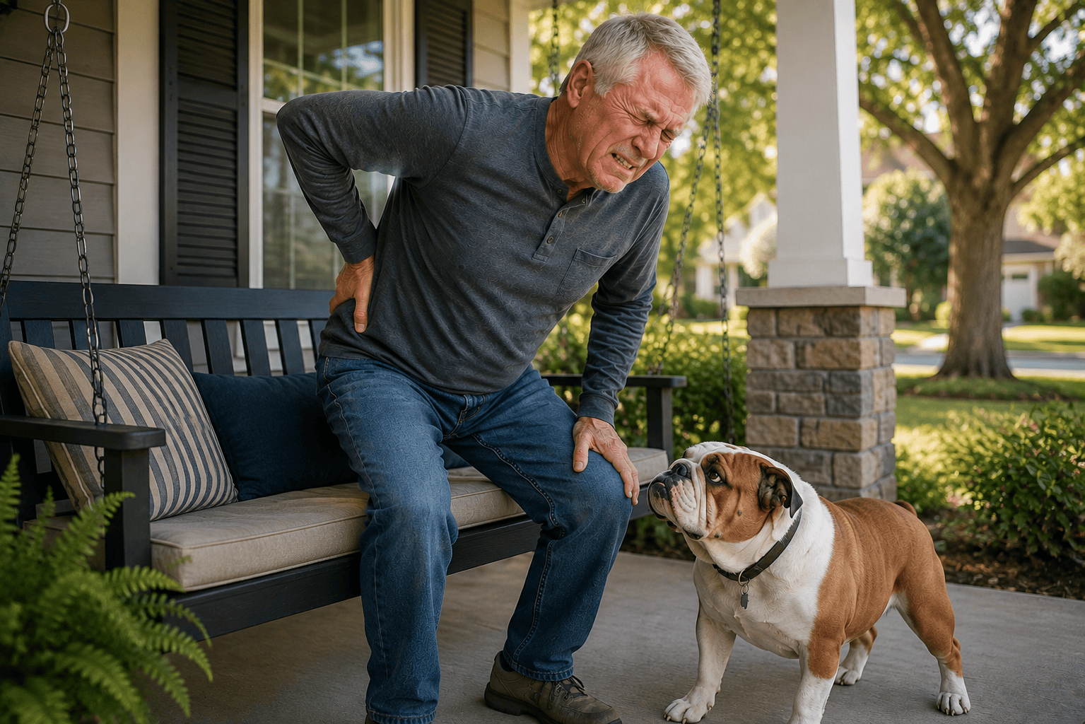 Older man standing from a porch swing while holding his lower back in pain, with an American Bulldog nearby, illustrating chronic degenerative disc disease.