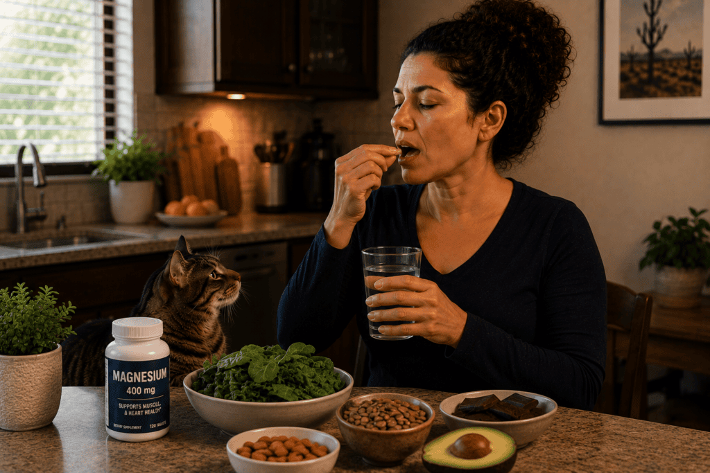 Person taking magnesium supplement alongside foods high in magnesium including dark leafy greens and nuts for migraine prevention.