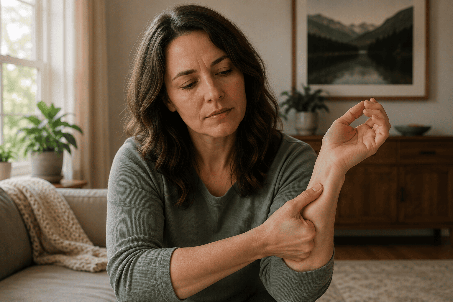 Person pressing an acupressure point on their own wrist with a curious evaluating expression while trying the practice for themselves.