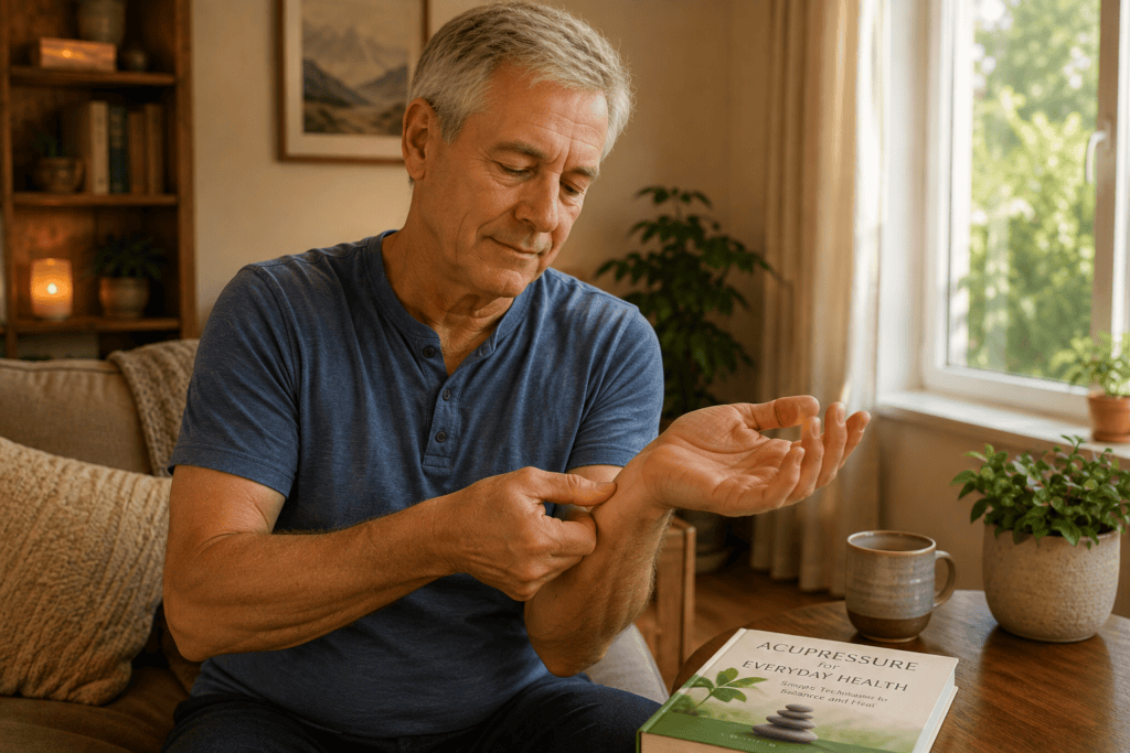 Person at home pressing an acupressure point on their own hand as part of a daily self-care practice for everyday health.