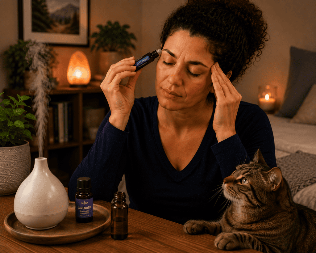 Person applying peppermint essential oil to the temples or using lavender essential oil for migraine relief.