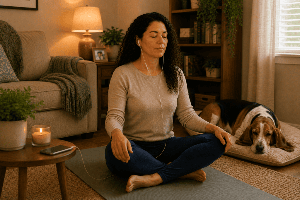 Person at home practicing guided meditation for pain modulation and nervous system regulation during sciatica recovery.