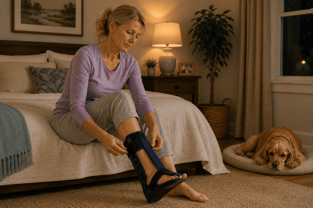 Person preparing to sleep with a night splint on the foot to keep the plantar fascia stretched overnight.