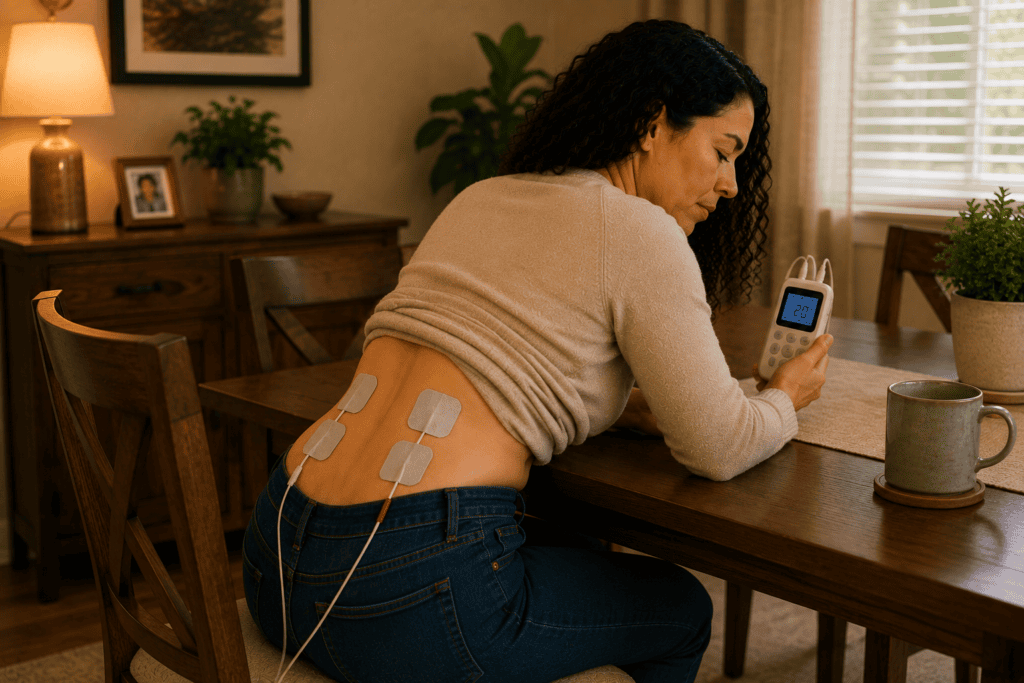 Person at home using a TENS unit with electrode pads placed on the low back for sciatica pain management.