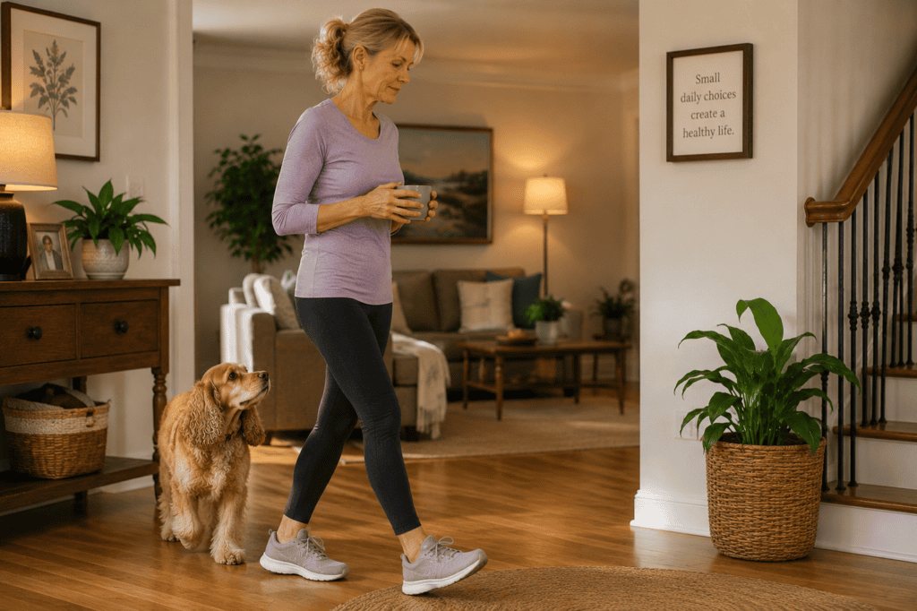 Person at home wearing supportive shoes or good arch-supporting sandals indoors, illustrating the mechanical support that reduces plantar fascia load.