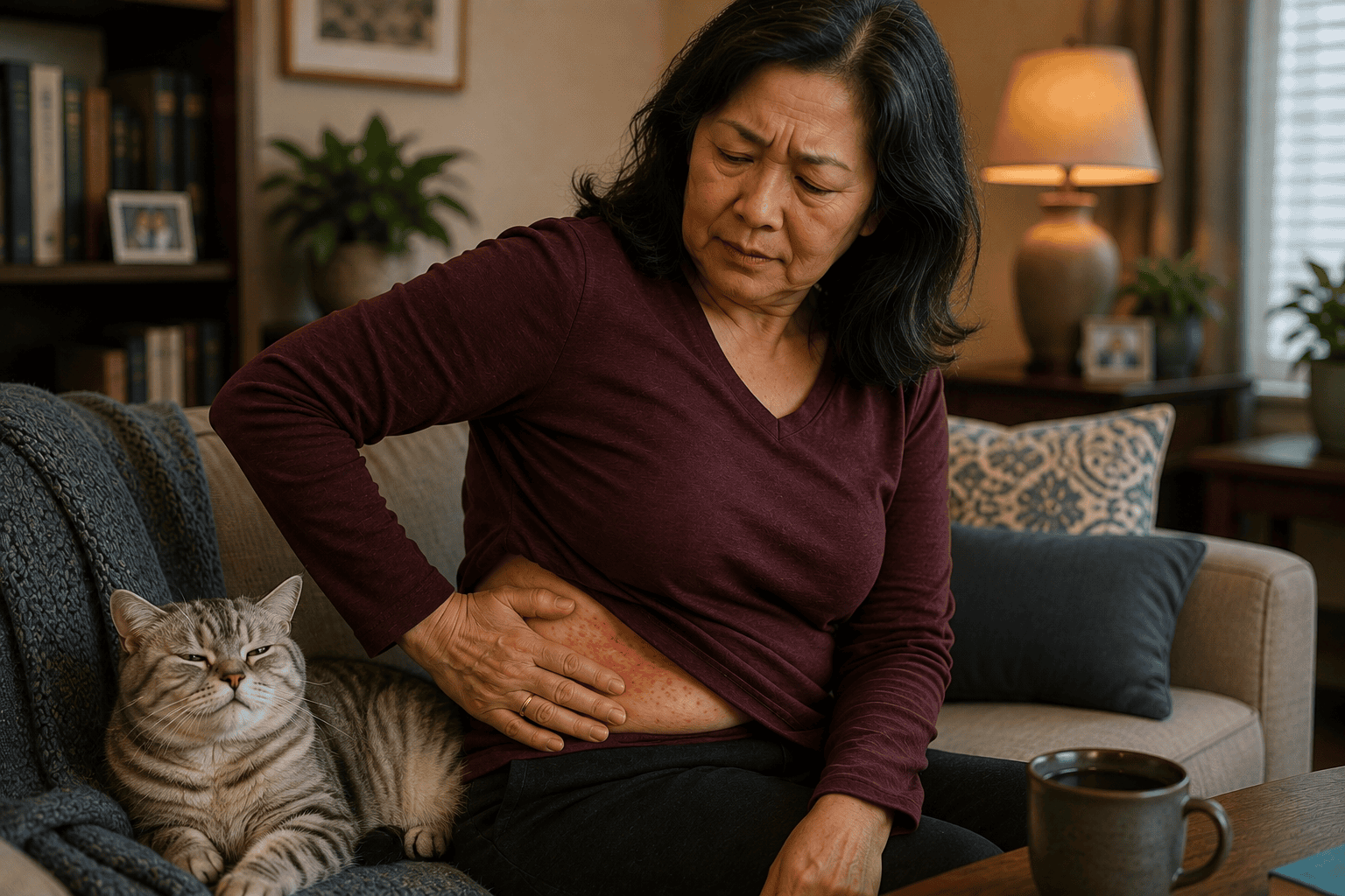 Person at home in the early tingling stage of a shingles outbreak, communicating the distinctive experience of viral reactivation.
