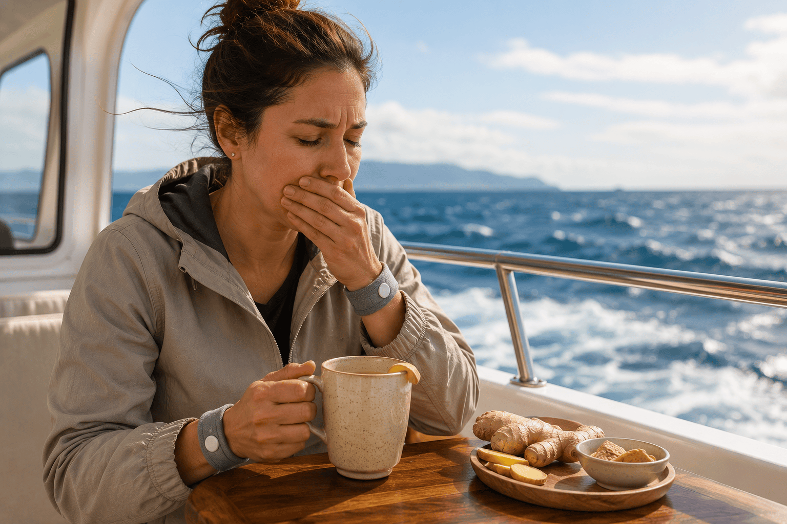 Person on a boat trip using natural home remedies to manage sea sickness including ginger tea and pressure wristbands.