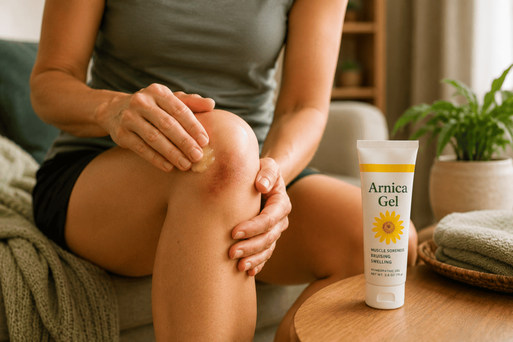 Person rubbing arnica gel into a sore knee at home.
