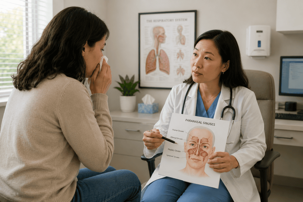 Patient in warm consultation with a physician reviewing the anatomy and clinical picture of chronic sinusitis using an anatomical model.