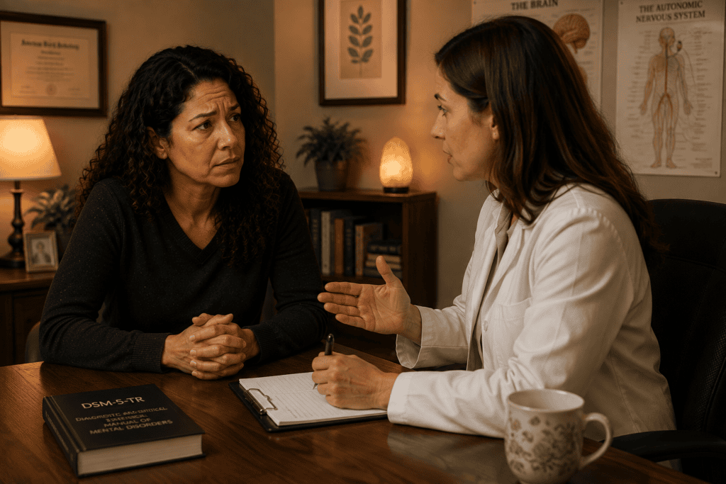 Patient in warm consultation with a physician or mental health professional discussing general anxiety disorder and its diagnostic picture.