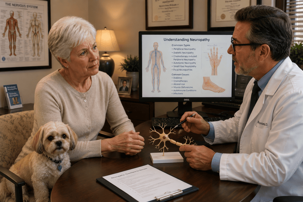 Patient in warm consultation with a physician discussing neuropathy the different types and its diagnostic picture.