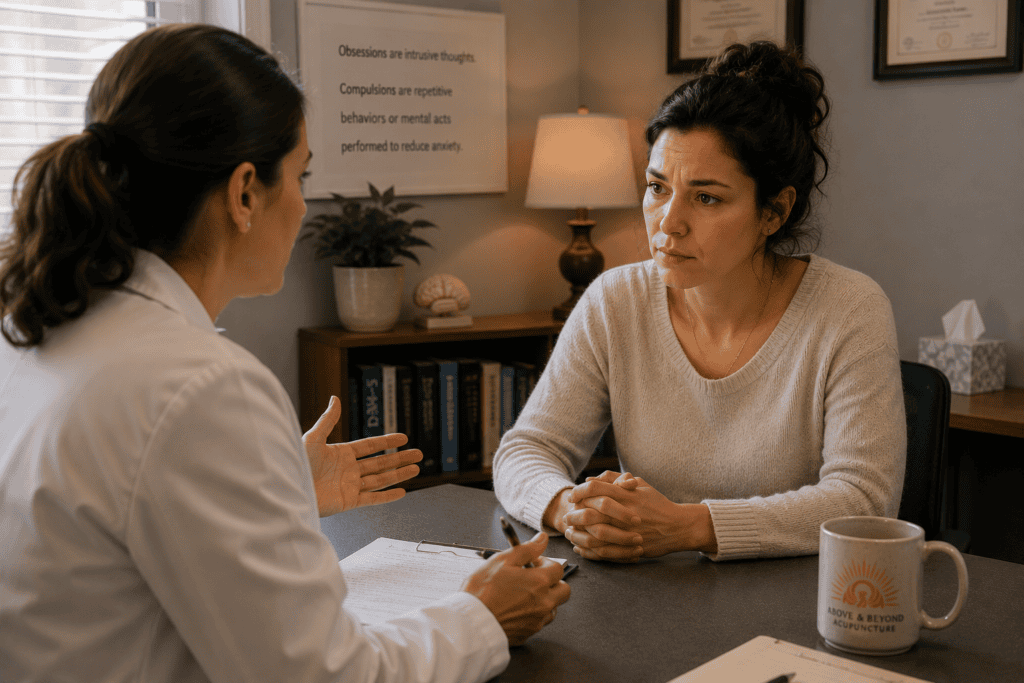 Patient in warm consultation with a physician or mental health professional discussing OCD and its diagnostic picture.