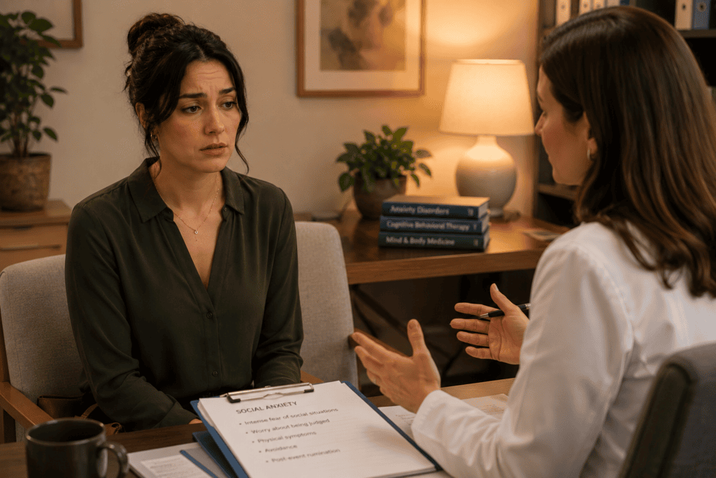 Patient in warm consultation with a physician or mental health professional discussing social anxiety and its diagnostic picture.