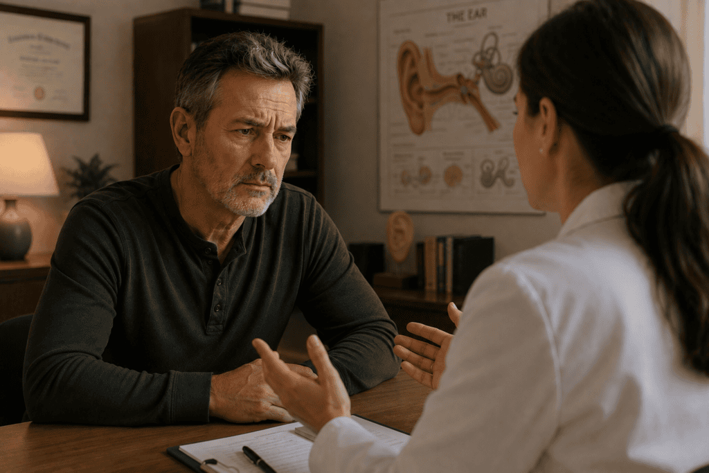 Patient in warm consultation with a physician or audiologist discussing tinnitus the different causes and its diagnostic picture.