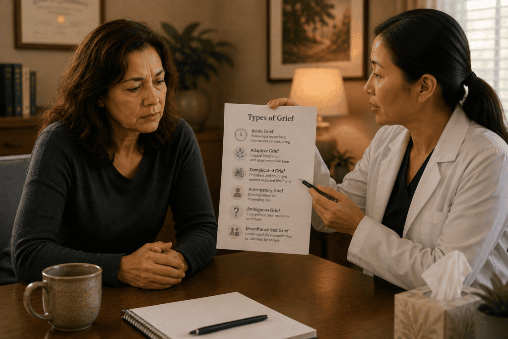 Patient in warm consultation with a physician discussing the different types of grief including acute, adaptive, complicated, and ambiguous grief.