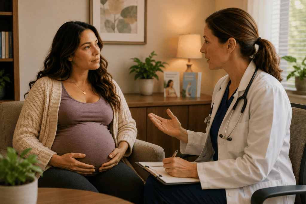 Pregnant patient in warm consultation with her medical provider about symptoms requiring immediate obstetric evaluation.