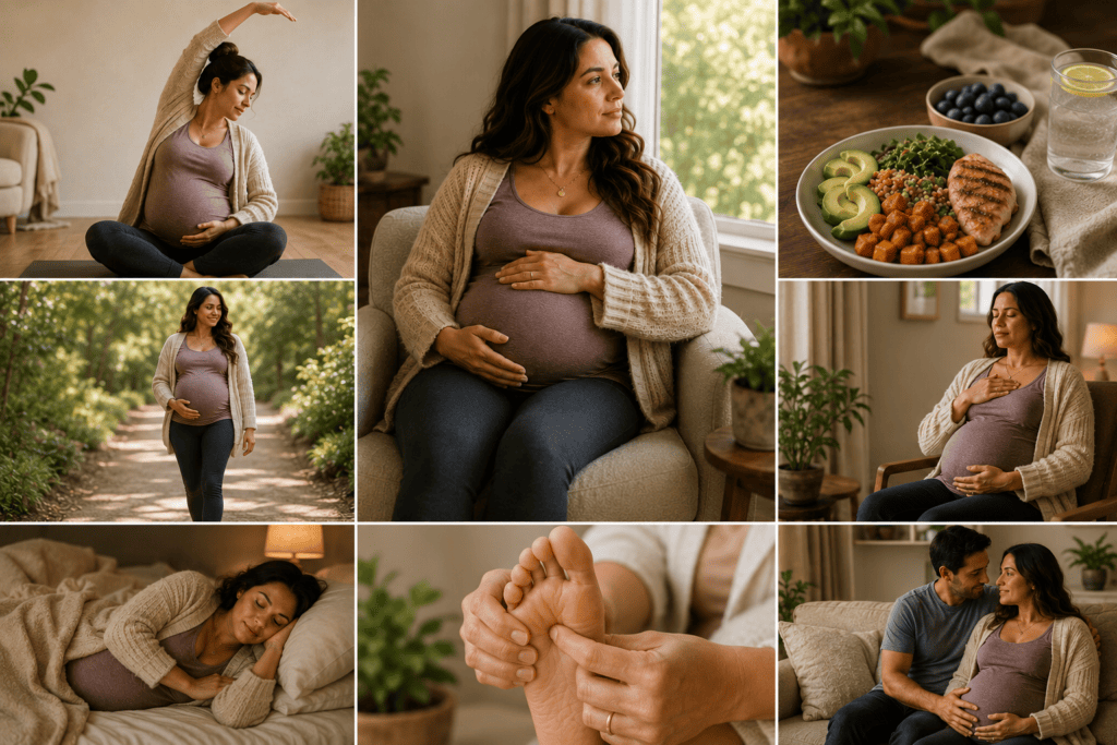 Pregnant patient at term engaged in daily practices supporting labor preparation including movement rest nutrition and considered self-care.