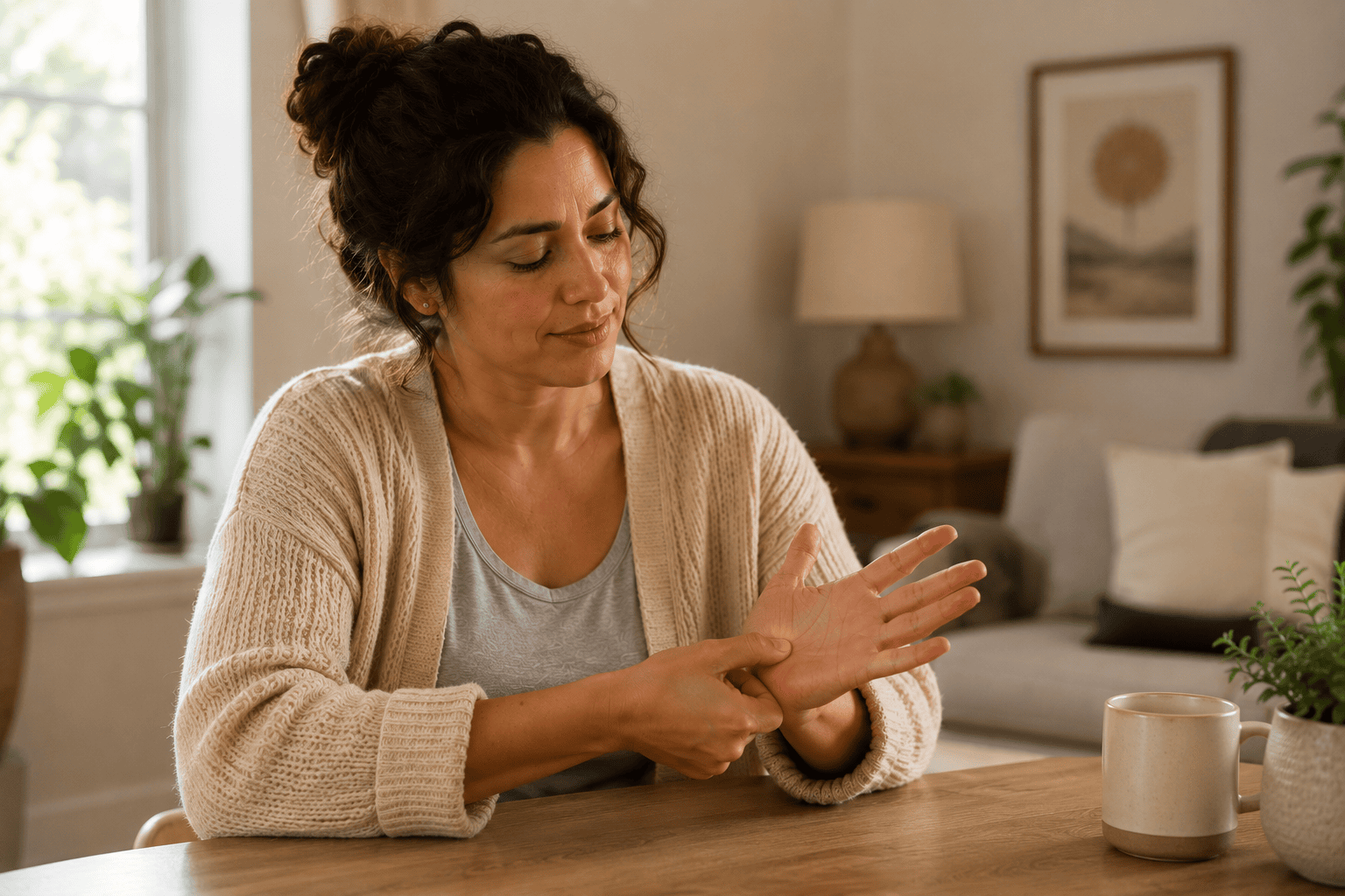Person pressing an acupressure point in the webbing of their hand, relaxed and focused, at home.
