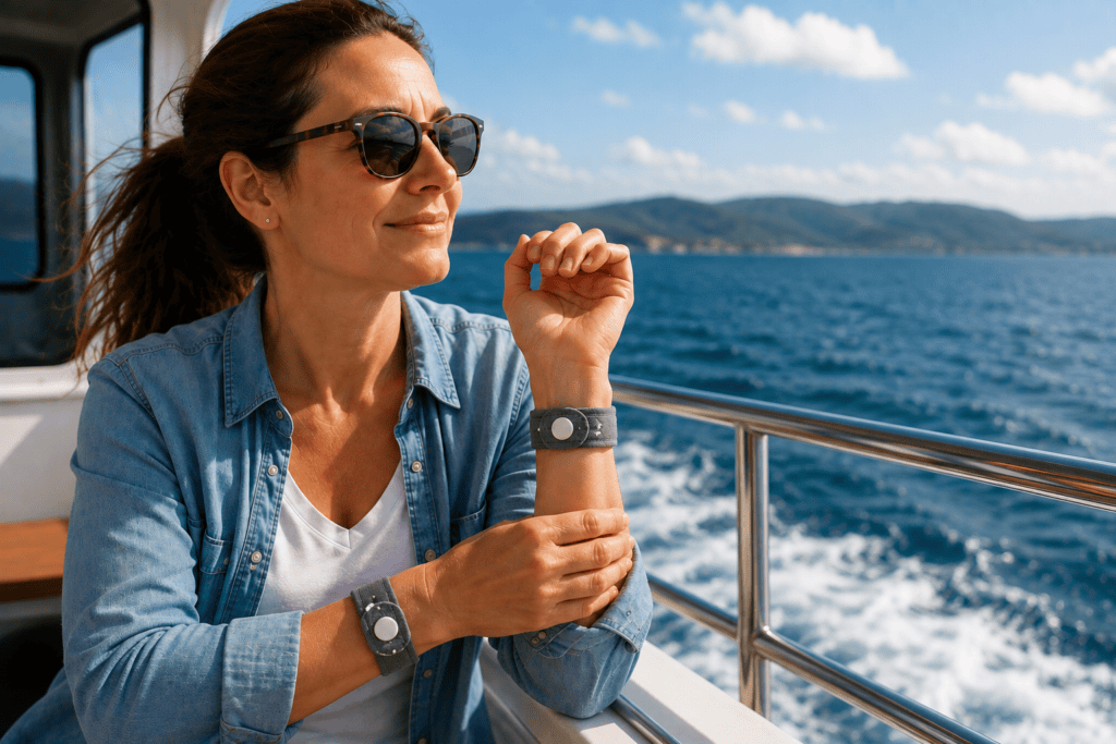 Person wearing pressure wristbands on both wrists that target the PC6 acupressure point for sea sickness prevention.