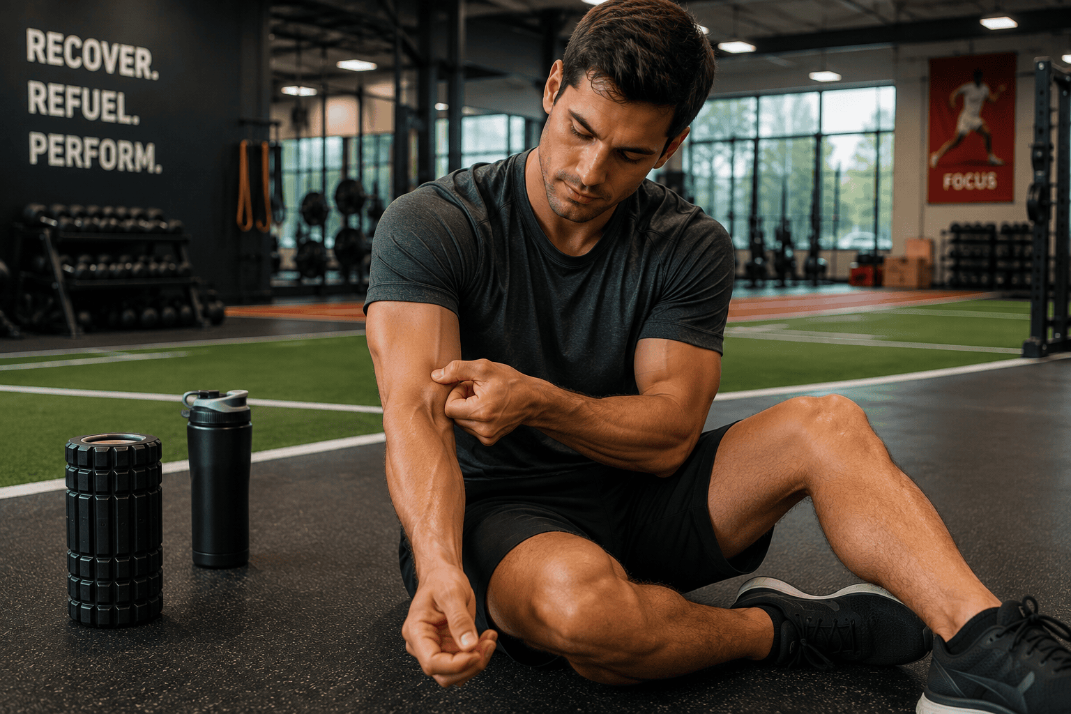 Professional athlete in a high-performance training facility applying acupressure to the forearm during a recovery session.
