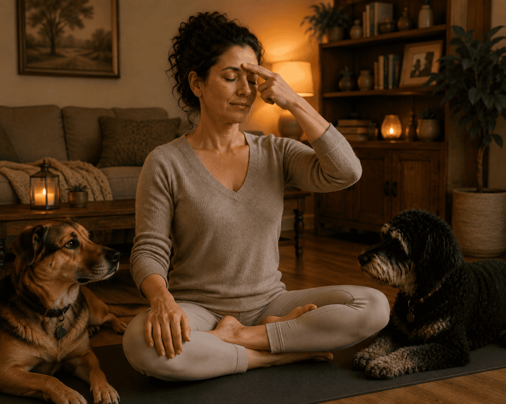 Woman sitting in lotus position on a yoga mat practicing acupressure on the Yintang point between her eyebrows while her two mixed-breed dogs rest beside her.