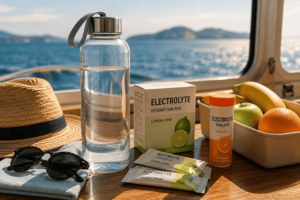 Water bottle and hydration supplies to support adequate hydration for sea sickness prevention.
