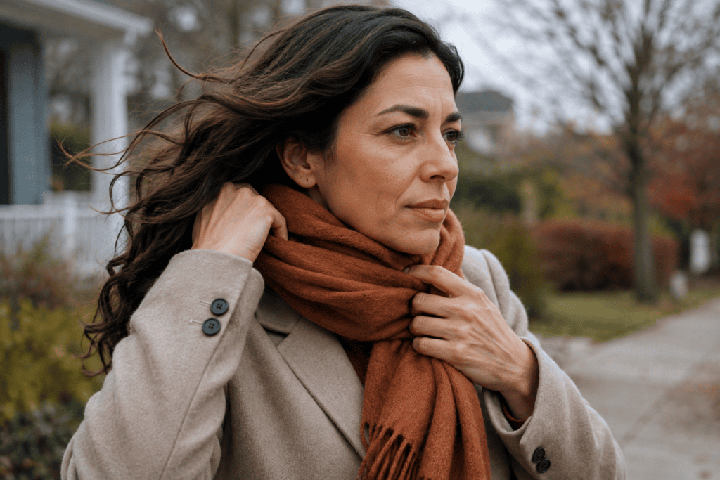 Woman wrapping a scarf around the back of her neck before going outside in cool, windy weather.