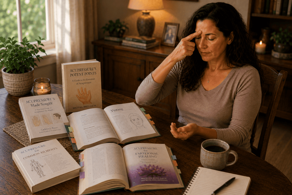 Woman practicing Yintang acupressure at her dining room table while referencing several acupressure books and guides.
